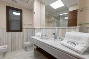 格拉纳达BiBo Suites Real Chancilleria的带水槽、马桶和镜子的浴室