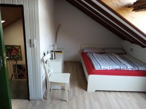 a bedroom with a bed and a desk and a chair at Casa Libra in Düsseldorf