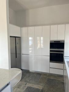 a kitchen with white cabinets and a black appliance at Kalymnos, très belle villa avec vue sur la mer in Kalymnos