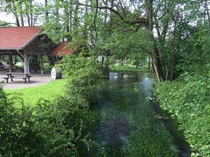a river in a park next to a picnic shelter at Waldläufer Brilon in Brilon