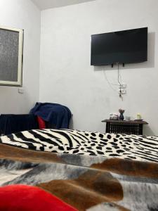 a bedroom with a bed with a television on the wall at Oasis Camp in Bawati