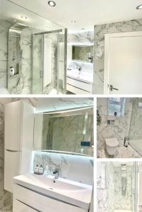 a collage of photos of a bathroom with marble at Stunning 1 bedroom + double sofa bed & jacuzzi near Train station in Southampton