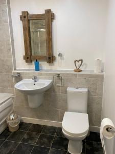 a bathroom with a toilet and a sink at River Penthouse Apartment In The Heart of in Saint Neots