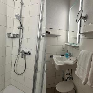 a bathroom with a shower and a toilet and a sink at Hotel Sommerhaus Garni am See in Bodman-Ludwigshafen