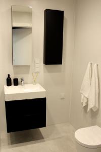 La salle de bains est pourvue d'un lavabo noir et blanc et de toilettes. dans l'établissement O! Shellter Apartment PREMIUM by Oskar, à Rogowo