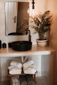 a bathroom counter with a mirror and a plant at Le Cote Oia in Oia