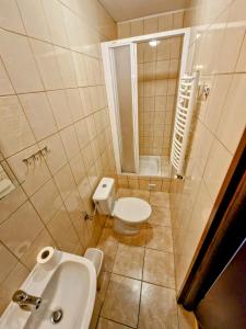 a small bathroom with a toilet and a sink at Pokoje gościnne Promenada in Sarbinowo
