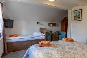 una habitación de hotel con 2 camas y una silla en Penzion Lucie, en Jičín
