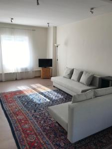 una sala de estar con 2 sofás y una alfombra en Ferienwohnung Brauneberger Juffer im Alten Pfarrhaus, en Brauneberg