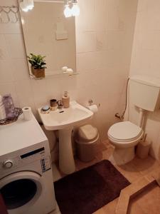 y baño con aseo, lavabo y espejo. en Sofia-Marina Guest House, en Xanthi