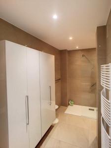 a bathroom with a shower and a white cabinet at Cannes Sea View in Cannes