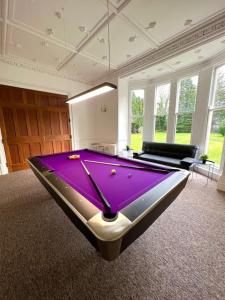 um quarto grande com uma mesa de bilhar roxa em The Beeches - Entire Mansion em Bristol