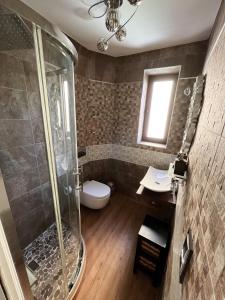 een badkamer met een douche, een toilet en een wastafel bij 180 Home Luxury N. De Los Angeles in Sevilla