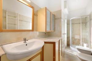 a bathroom with a sink and a shower at Attico Cielo e mare in Spotorno