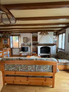 a living room with a couch and a fireplace at Santi’s Apartment in Folgaria