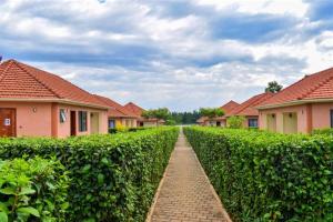 a brick path through a hedge in front of houses at Le Cottage Mbale in Mbale
