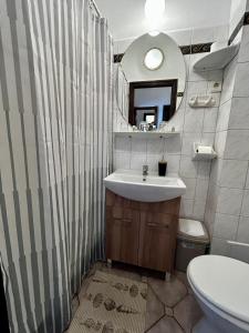 a bathroom with a sink and a mirror and a toilet at Kis Gellért Guesthouse in Budapest