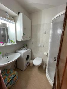a bathroom with a sink and a toilet and a shower at Santi’s Apartment in Folgaria +24 photos