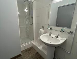 Wood Walton的住宿－Dog and castle，白色的浴室设有水槽和淋浴。