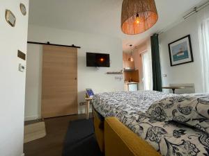 ラ・ロシェルにあるSTUDIO de charme COSY BED, LA ROCHELLEのベッドルーム(ベッド1台、テレビ、ドア付)