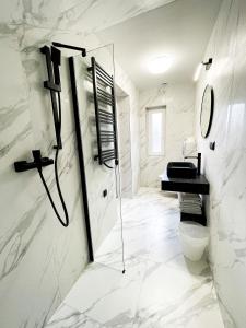 a white bathroom with a toilet and a mirror at Villa Słonecznego Wzgórza in Zakopane