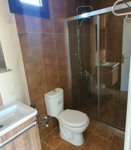 y baño con aseo, ducha y lavamanos. en Asil Bungalows Orhaniye, en Orhaniye