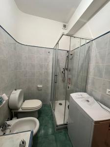 een badkamer met een douche, een toilet en een wastafel bij Casa Vacanze La Coccinella in Capo dʼOrlando