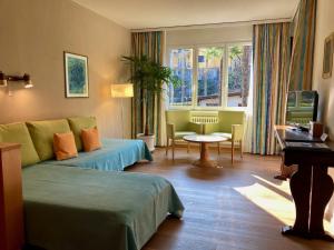 ein Hotelzimmer mit einem Sofa und einem Tisch in der Unterkunft Garni Villa Siesta Park in Losone