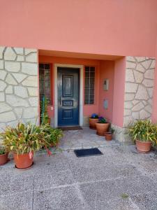 uma porta azul num edifício cor-de-rosa com vasos de plantas em Casa Susana em Sapataria