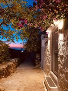 un pequeño callejón con un árbol con flores rosas en Galanos Katoikies, en Órmos Aiyialís