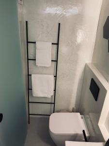 een badkamer met een toilet en handdoeken op een plank bij Galanos Katoikies in Órmos Aiyialís