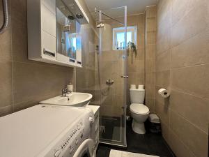 uma casa de banho com um lavatório, um WC e um chuveiro em Apartment Aura em Belgrado