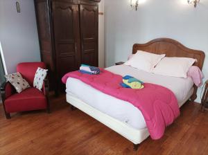 - une chambre avec un lit avec une couverture rose et une chaise dans l'établissement Au coeur de la cité des Bourbons, à Moulins