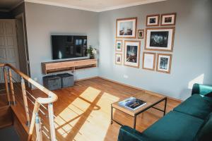 a living room with a green couch and a television at Upės apartamentai I su terasa ir baseinu in Anykščiai