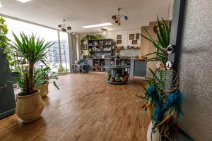 a living room with potted plants on the floor at Domo Anna in Villasimius