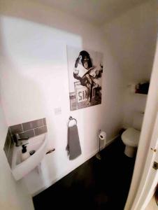 baño con aseo y una foto en la pared en Lovely 1-Bedroom serviced apartment in Deal, Kent, en Kent