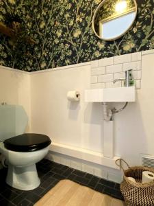 a bathroom with a toilet and a sink and a mirror at Le Garavan-vue mer-plage-clim-terrasse in Menton
