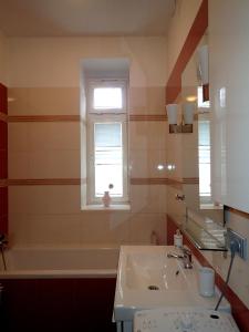 uma casa de banho com um lavatório e uma janela em Superior apartment em Bratislava