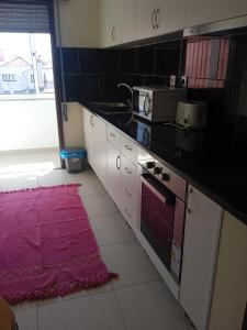 eine Küche mit einem lila Teppich und einer Küchentheke in der Unterkunft Apartamento VI-ANA in Viana do Castelo