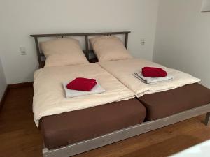 a bed with two red pillows on top of it at Doppelbett Suite, nähe Messe in Düsseldorf