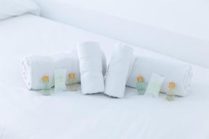 grupa ręczników papierowych i butelek na półce w obiekcie El Ancla de Bermeo By Urdaibai Rentals w mieście Bermeo