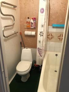 a small bathroom with a toilet and a bath tub at Ahtme mnt apartaments in Ahtme