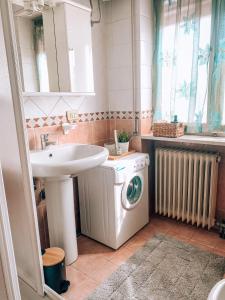 uma casa de banho com um lavatório e uma máquina de lavar roupa em Asiago Centro Trilocale Condominio BELLOCCHIO con Garage WiFi PetFriendly em Asiago