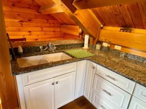 una cucina con lavandino in una cabina di Spacious Salmon River Waterfront Lodge for 6 a Altmar