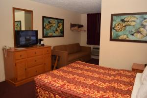 a hotel room with a bed and a couch and a television at Knights Inn Oswego East in Oswego