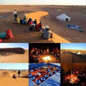 a collage of pictures of people in the desert at Camp birds traquets of SaharaProject house mars six doors in Marrakesh