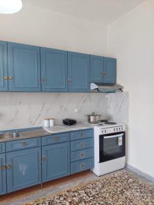 een keuken met blauwe kasten en een witte kachel bij Kiki's Village House in Néa Karváli