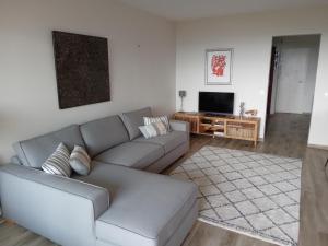 uma sala de estar com um sofá e uma televisão em Superbe appartement piscine, tennis, vue mer et décoré avec goût em Cassis