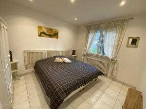 a bedroom with a bed with two pillows on it at Gite du Centaure in Vigny