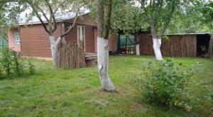 ein Haus mit einem Garten mit Bäumen und einem Zaun in der Unterkunft Дача, будинок,баня in Leplyavo